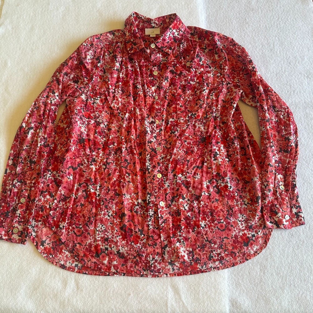 J Jill Blouse Womens Size XS Red Floral Print Button Front Long Sleeve Boho Work